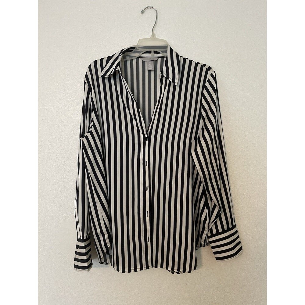 H&M Women Dress Shirt M Black White Striped Collared Button Front Officewear Top